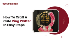 Floral ring platter with candles and names beside tutorial title 'How to Craft a Cute Ring Platter in Easy Steps'.