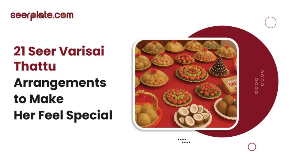 Beautifully decorated 21 Seer Varisai thattu trays with sweets, fruits, and gifts arranged on a red backdrop for a Tamil wedding.