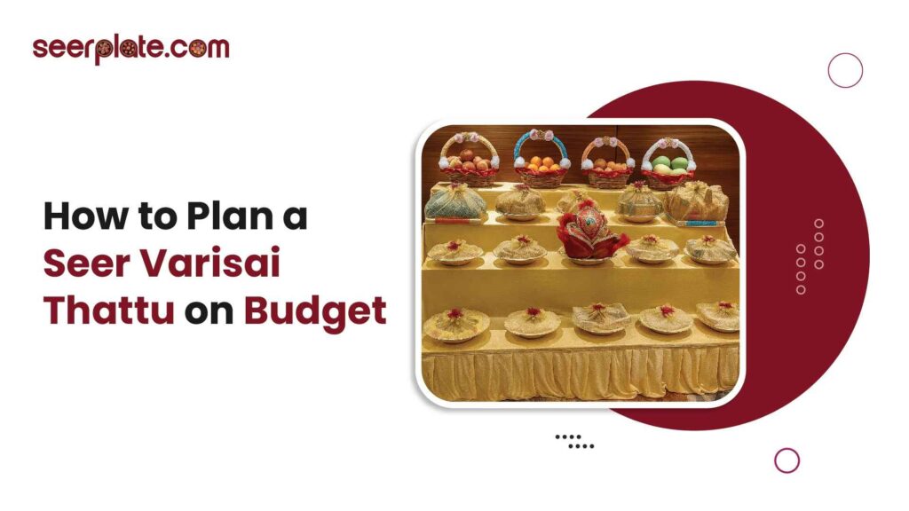 Beautifully arranged Seer Varisai thattu with decorated trays and fruit baskets for a traditional South Indian wedding.
