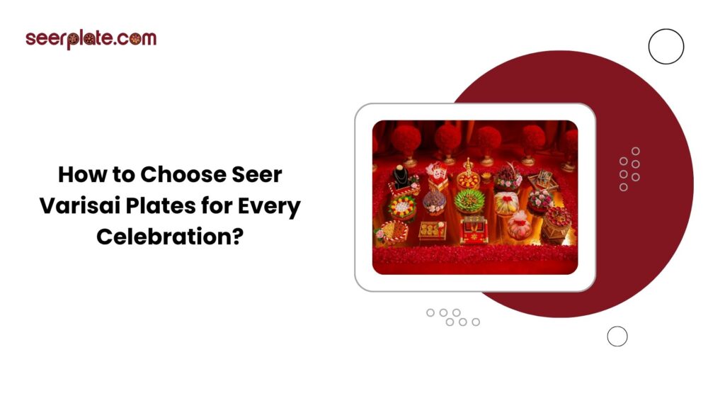 "Decorated seer varisai plates arranged with sweets, fruits, jewelry, and gifts for traditional celebrations."