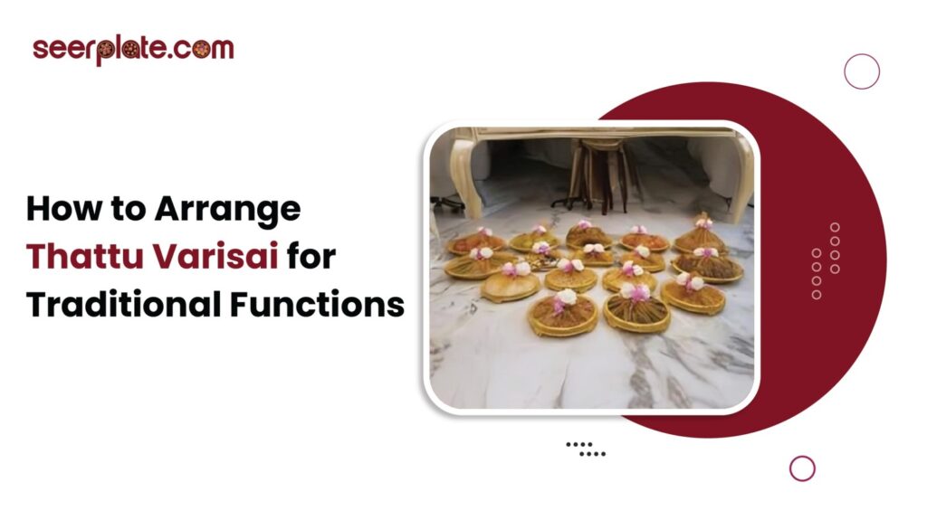 “Beautifully arranged Thattu Varisai plates decorated with flowers for a traditional function setup on marble floor.”