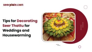 “Beautifully decorated seer thattu with lemon and leaf design for wedding or housewarming by SeerPlate.com”