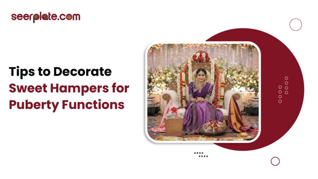 Girl in traditional attire seated with decorated sweet hampers and trays during a puberty function celebration