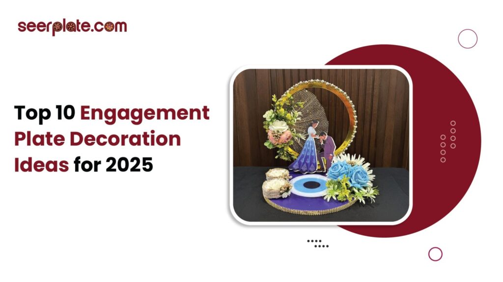 "Creative engagement plate decoration with a couple figurine, floral accents, and vibrant colors for a 2025 ceremony."