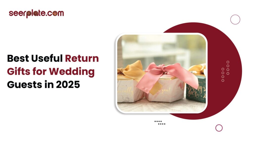 Beautifully wrapped wedding return gifts with pastel ribbons placed on a table, displayed beside the title Best Useful Return Gifts 2025