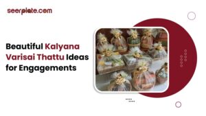 Beautifully arranged Kalyana Varisai thattu baskets decorated with flowers and net wrap, displayed for traditional engagement ceremonies.